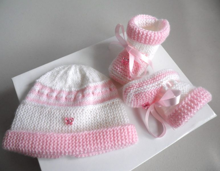 Bonnet chaussons ray�s rose b�b� tricot laine 